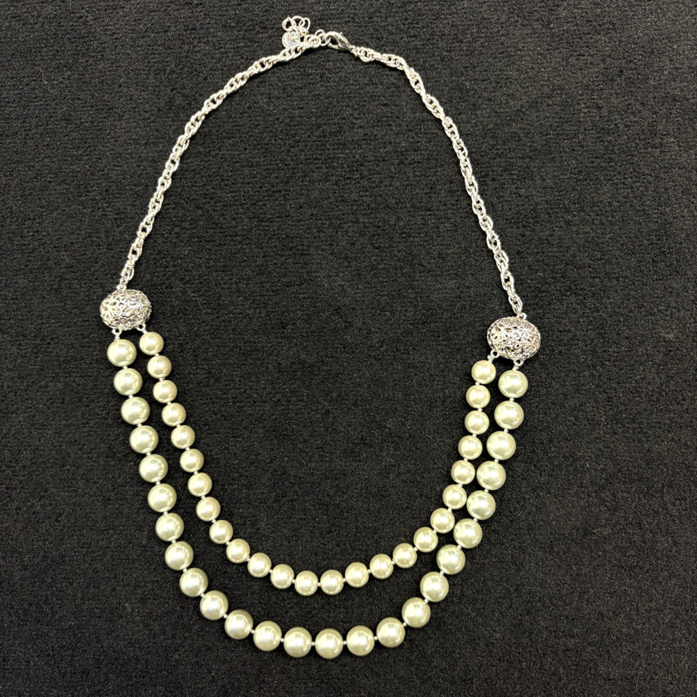 Art Deco Opera Necklace Charter Club Glass Faux Pearl Floral Filigree 2 Strand